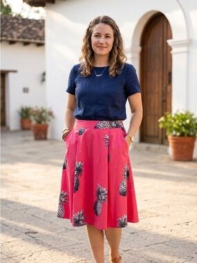 Ann Taylor Factory | Bright Pink Pineapple Print Midi Skirt with Pockets | Sz 8